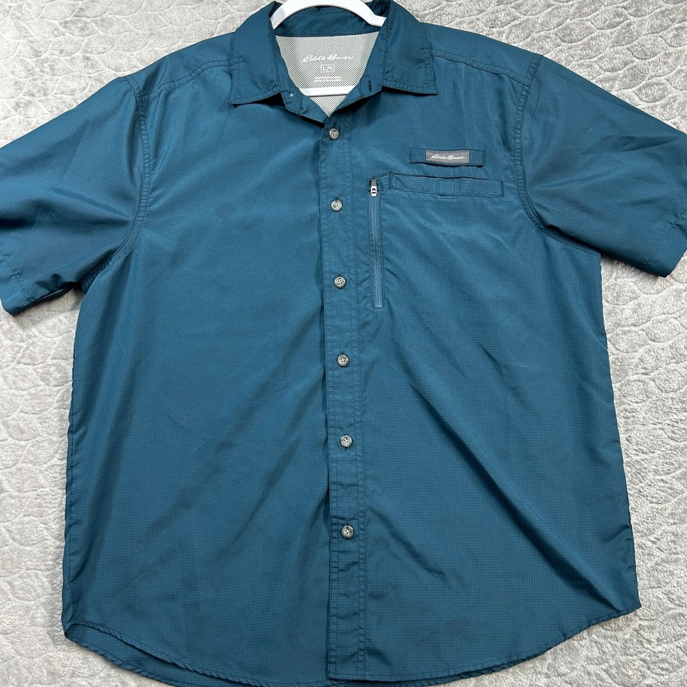 Eddie Bauer Mens Blue Short Sleeve Button Up Shirt Outdoor Adventure Size Large